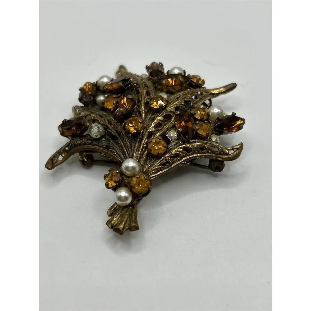 Vintage Floral Bouquet Brown Rhinestone‎ Faux Pearl Gold Tone Brooch Pin